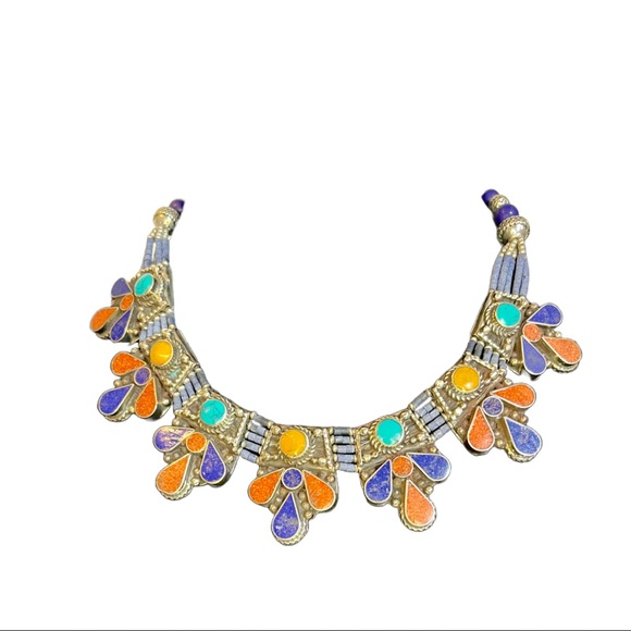 Tibetan choker in turquoise, coral and more set in silver. - Picture 1 of 5